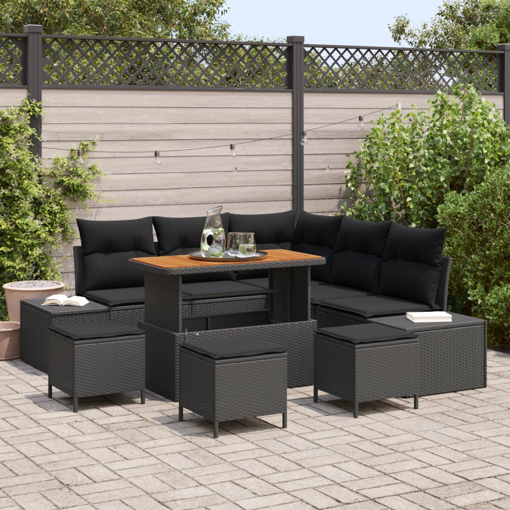 Set Divano Giardino 9 Pezzi con Cuscini Nero in Rattan Poli Acacia