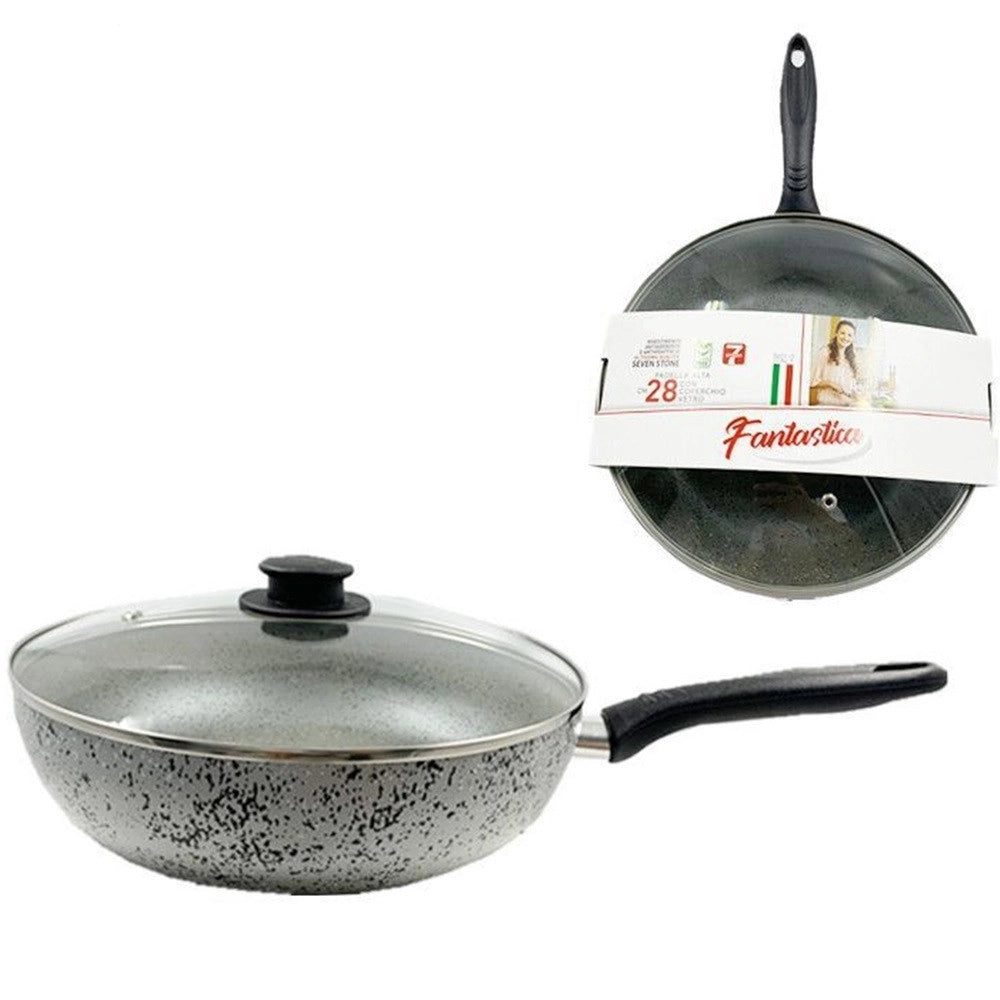 Trade Shop - Padella Alta Antiaderente Antigraffio A 7 Strati Con Coperchio In Vetro Manico Da 24-28cm -    -28 Cm   -