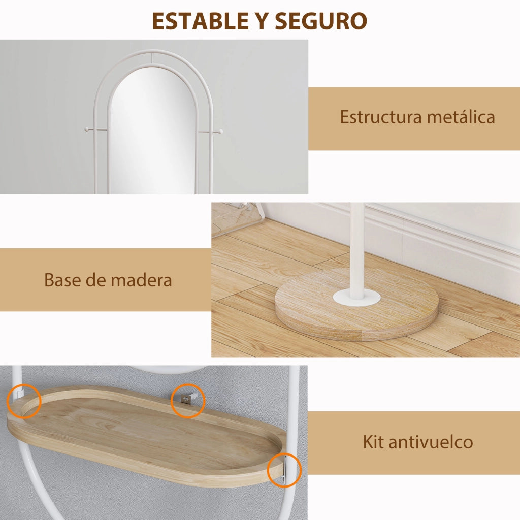 Specchio a Pieno Corpo con Mensola e Ganci ¨C zephmum ¨C Bianco Metallo Legno 175.5x50 cm