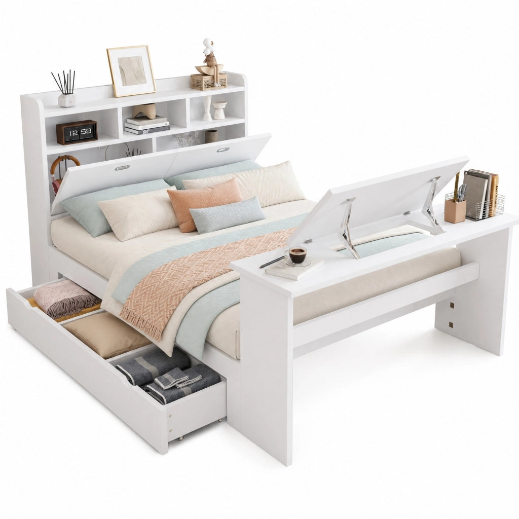 Letto con Cassetti 140 x 200 cm; Letto Matrimoniale - Tavolo Pieghevole e Mensole - Bianco