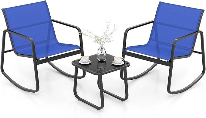 Set Tavolino e Sedie da Giardino, Set di Mobili a Dondolo, Set Bistrò 3 Pezzi, Tavolino in Vetro Temperato, Sedie in Textilene, per Giardino Cortile Piscina (Blu)