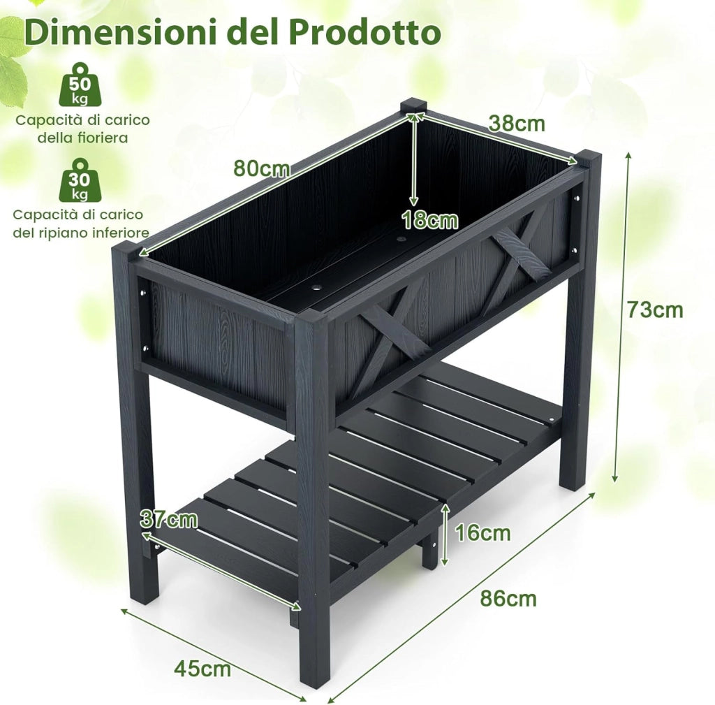 Fioriera Rialzata da Esterno, Letto da Giardino con Piano di Appoggio Impermeabile alle Intemperie e Fori di Drenaggio, Aiuola Rettangolare per Fiori, Erbe, Verdure e Frutta