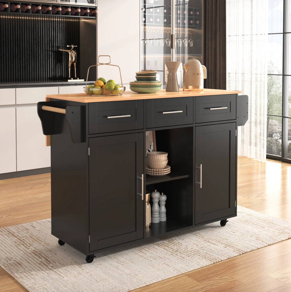 Küchenwagen con piano ribaltabile e 3 cassetti 139x46(71)x91;5 cm nero/naturale