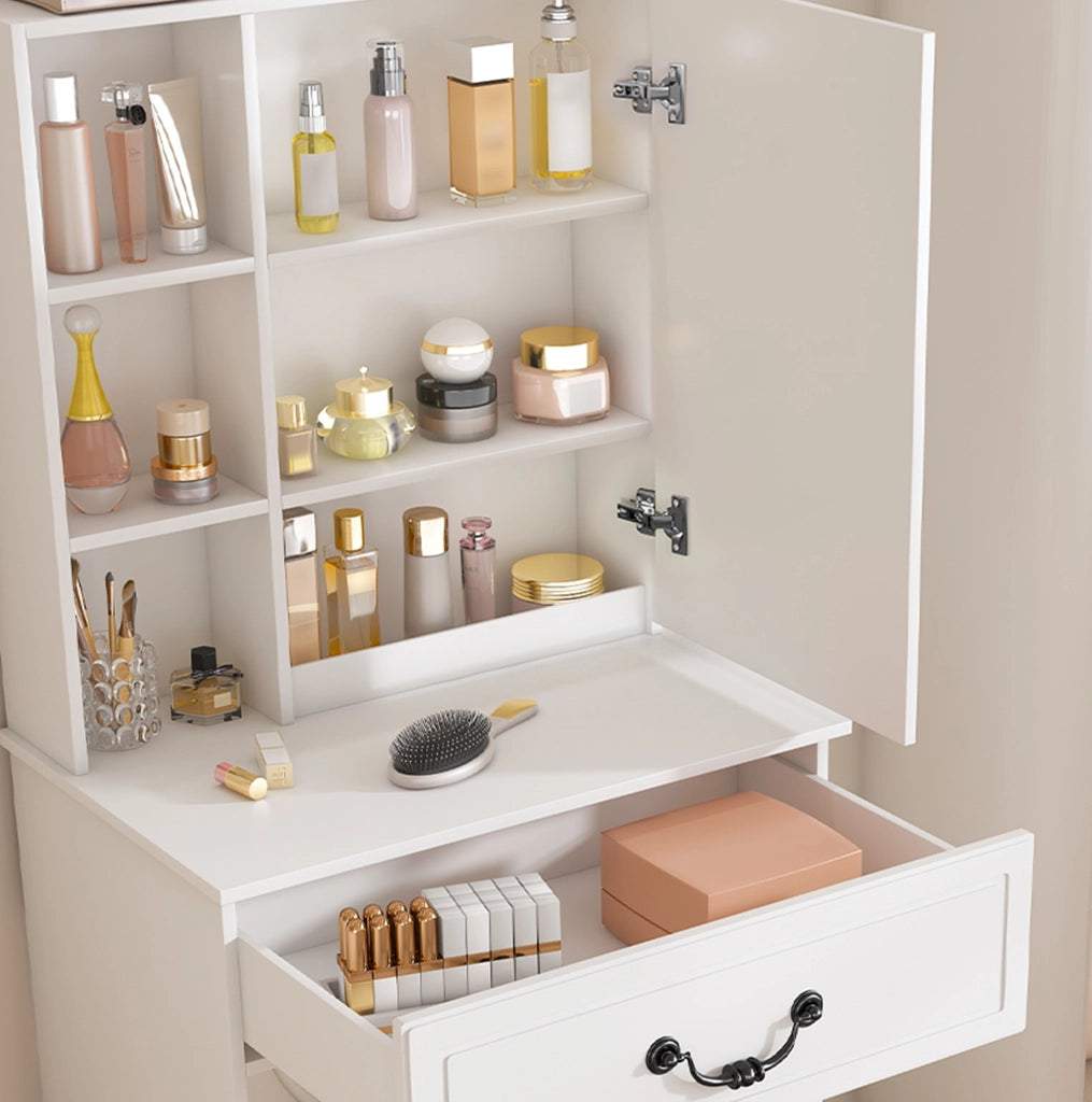 Tavolo da trucco moderno con specchio LED a 3 modalità; vani portaoggetti e sgabello imbottito; bianco