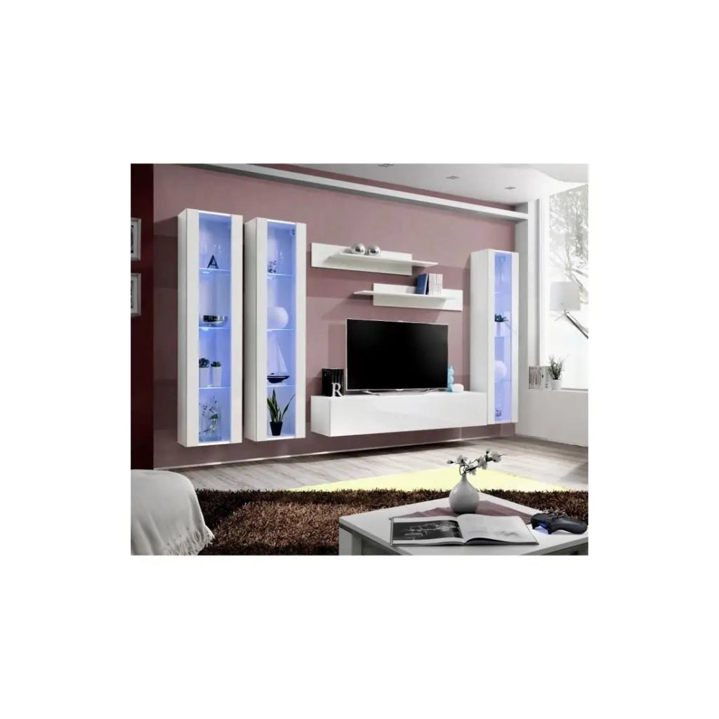Mobile TV FLY C2 di design, colore bianco lucido. Mobile sospeso moderno e alla moda per il tuo soggiorno.