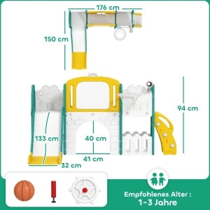 Set da arrampicata 7 in 1 per bambini con scivolo, canestro, tunnel, telescopio, parete, box e lavagna
