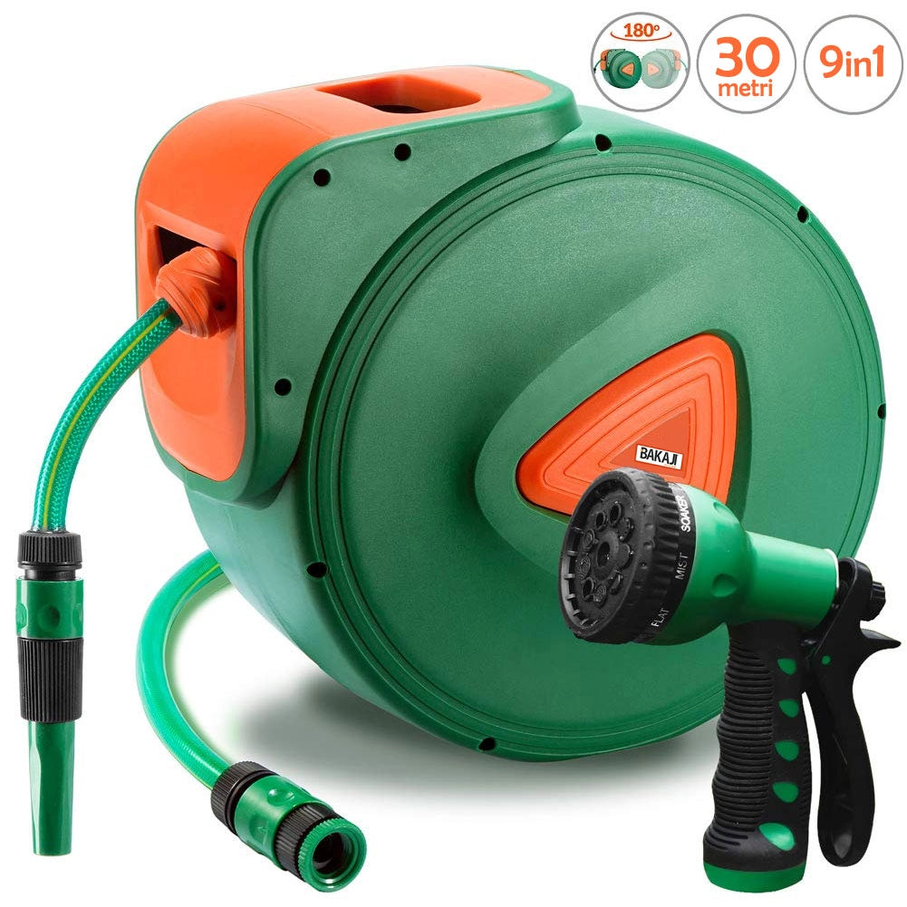 Avvolgitubo Acqua Automatico da Parete Giardino 30 mt Doccetta 9 Funzioni