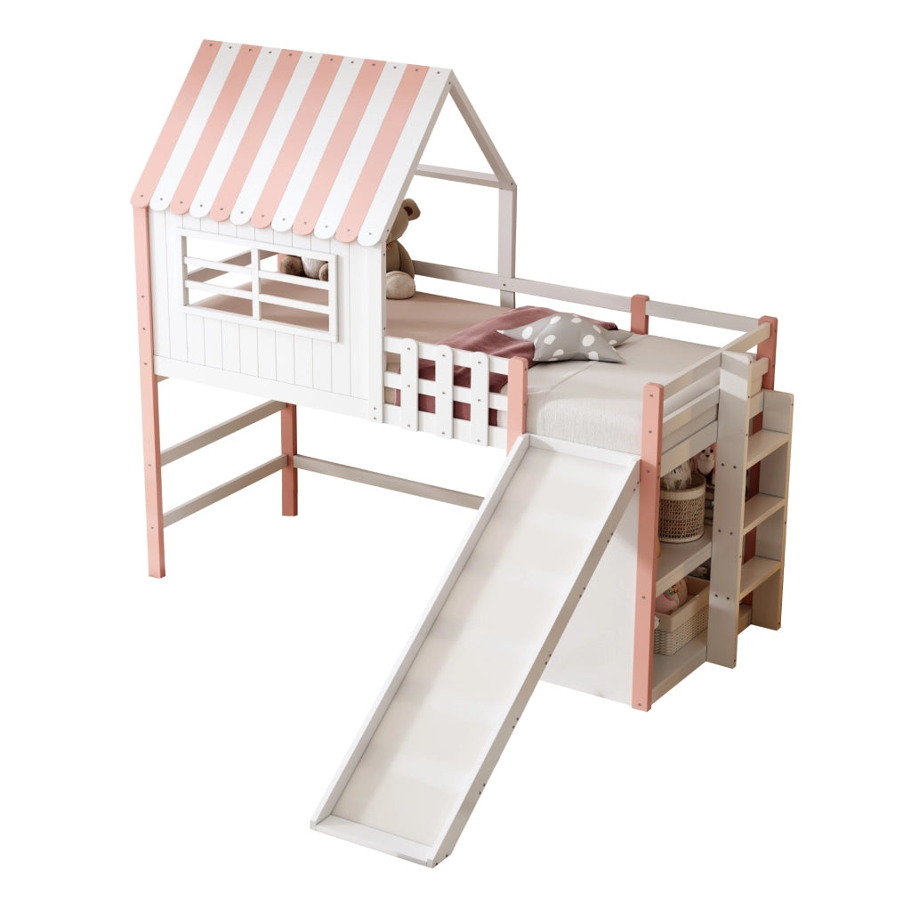 Letto a soppalco per bambini 90x200 cm con scivolo, scala e vani contenitivi rosa