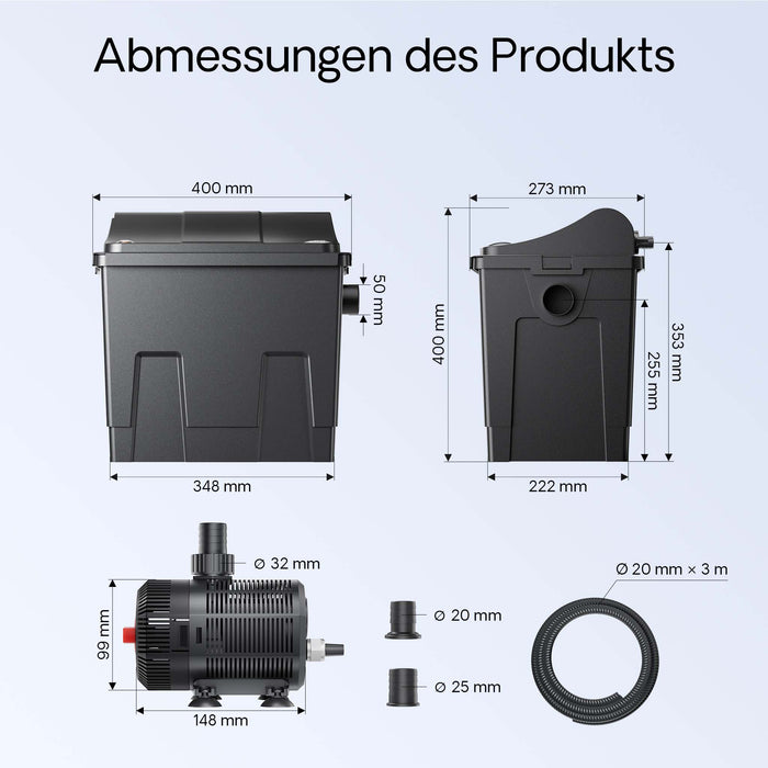 Filtro biologico per laghetto CBF-200T con chiarificatore UVC 9 W e pompa 2.300 l/h da 35 W
