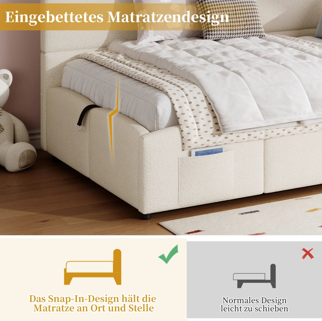 Letto singolo con contenitore 90x200 cm in bouclé beige; USB-A/USB-C e tasche laterali