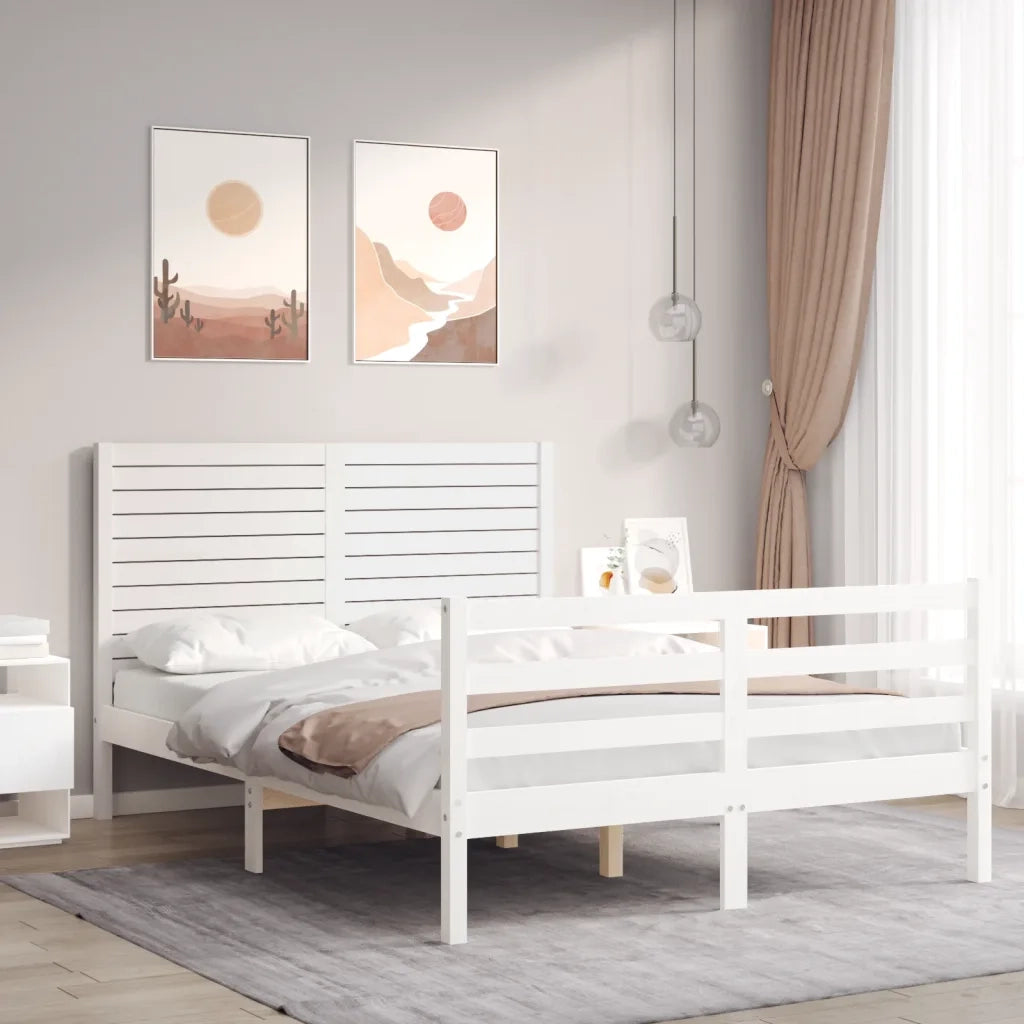 Giroletto con Testiera-Struttura Letto con testiera Bianco 140x190 cm in Legno Massello 170790