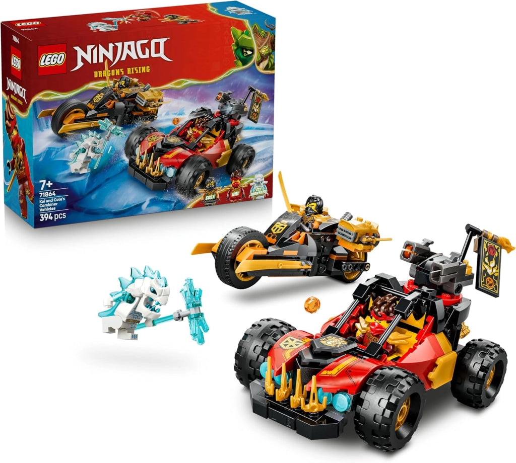 LEGO NINJAGO Veicoli Combinanti di Kai e Cole - con Macchina e Moto Giocattolo e 3 Minifigure tra cui Kai e Cole con Kat