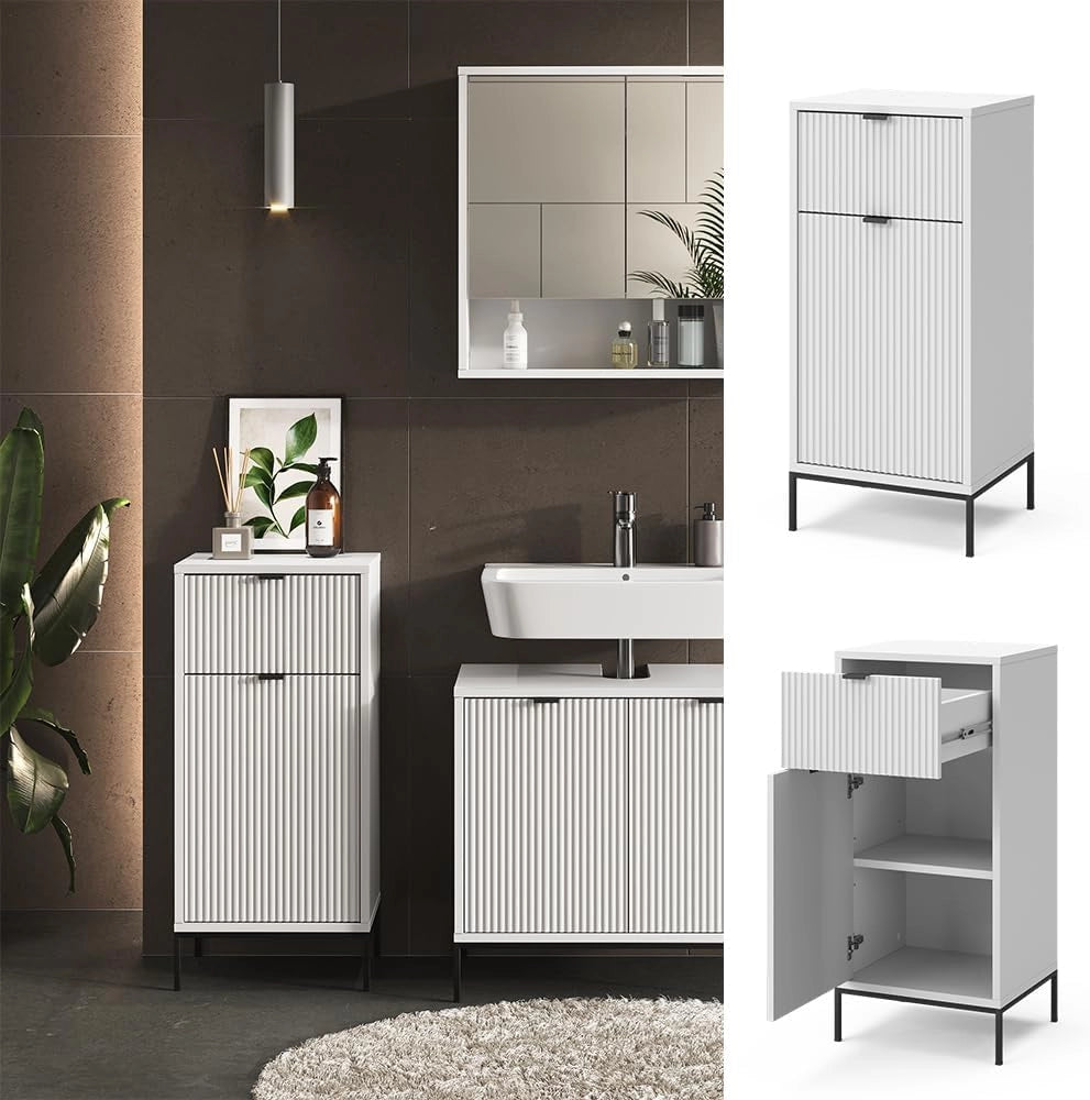 Mobile midi Eliza, Bianco, 40 x 87 cm con anta e cassetto, per la conservazione in bagno o da abbinare a Eliza