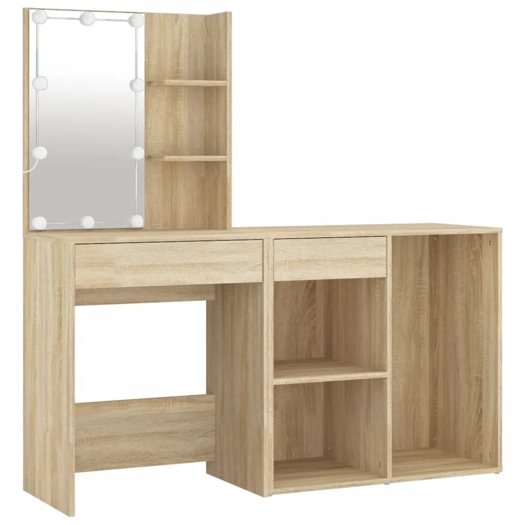 Toeletta | Tavolo da Trucco LED con Armadietto in Legno Multistrato Rovere Sonoma