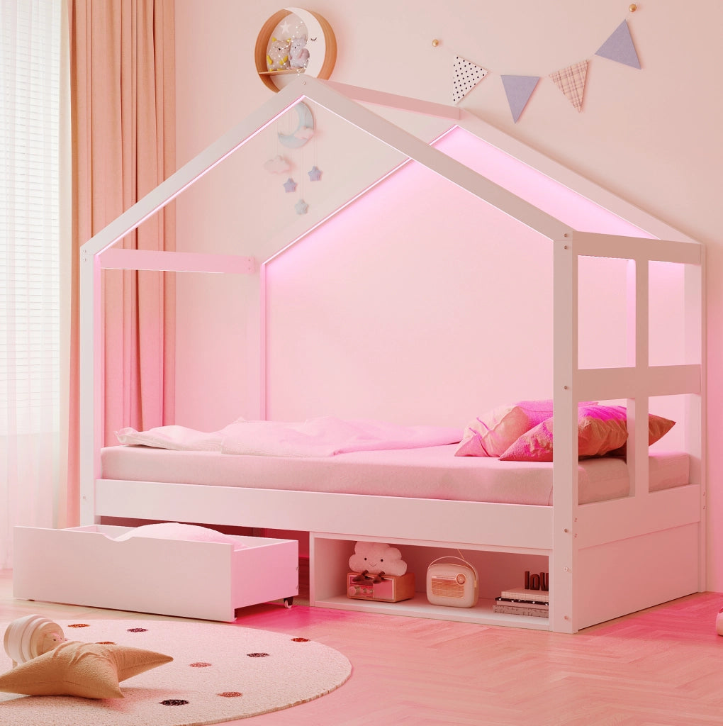 Letto a casetta 90x190 cm con cassetti, mobiletto portascarpe e LED multicolore bianco