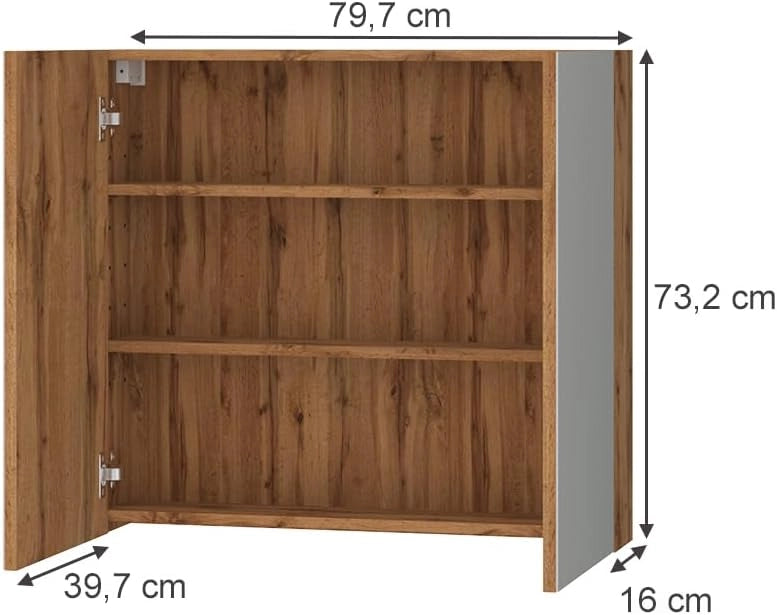 Specchio contenitore bagno Lotta, Rovere, 79.7 x 73.2 cm con 2 porte, per montaggio a parete con specchio integrato e ripiani