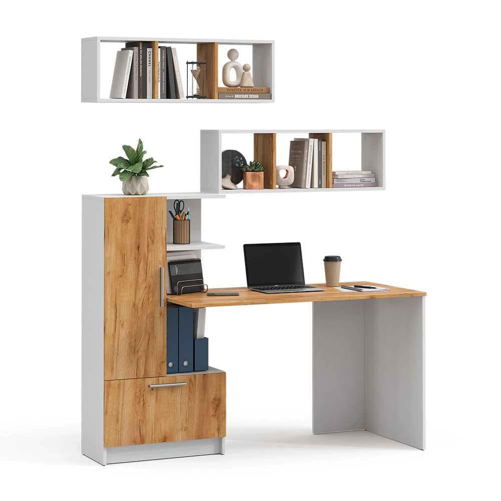 Set scrivania Tomy Bianco/Rovere dorato 150 x 59 cm Set di 3 come 2 ripiani + scrivania Vicco