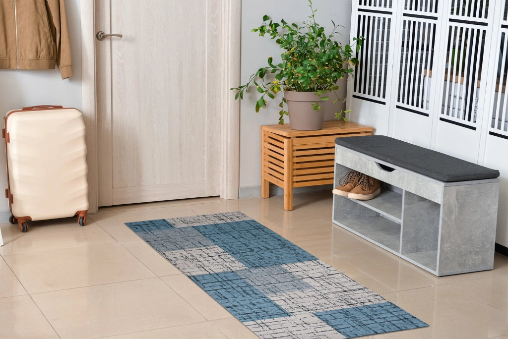 Tappeto Arredo Moderno Morbido in Ciniglia Ingresso Antiscivolo Prodotto Italiano  Soggiorno Camera Salotto Disegni Piazzati Cotone Varie Misure Grande Mondrian/Azzurro - 65x220 cm