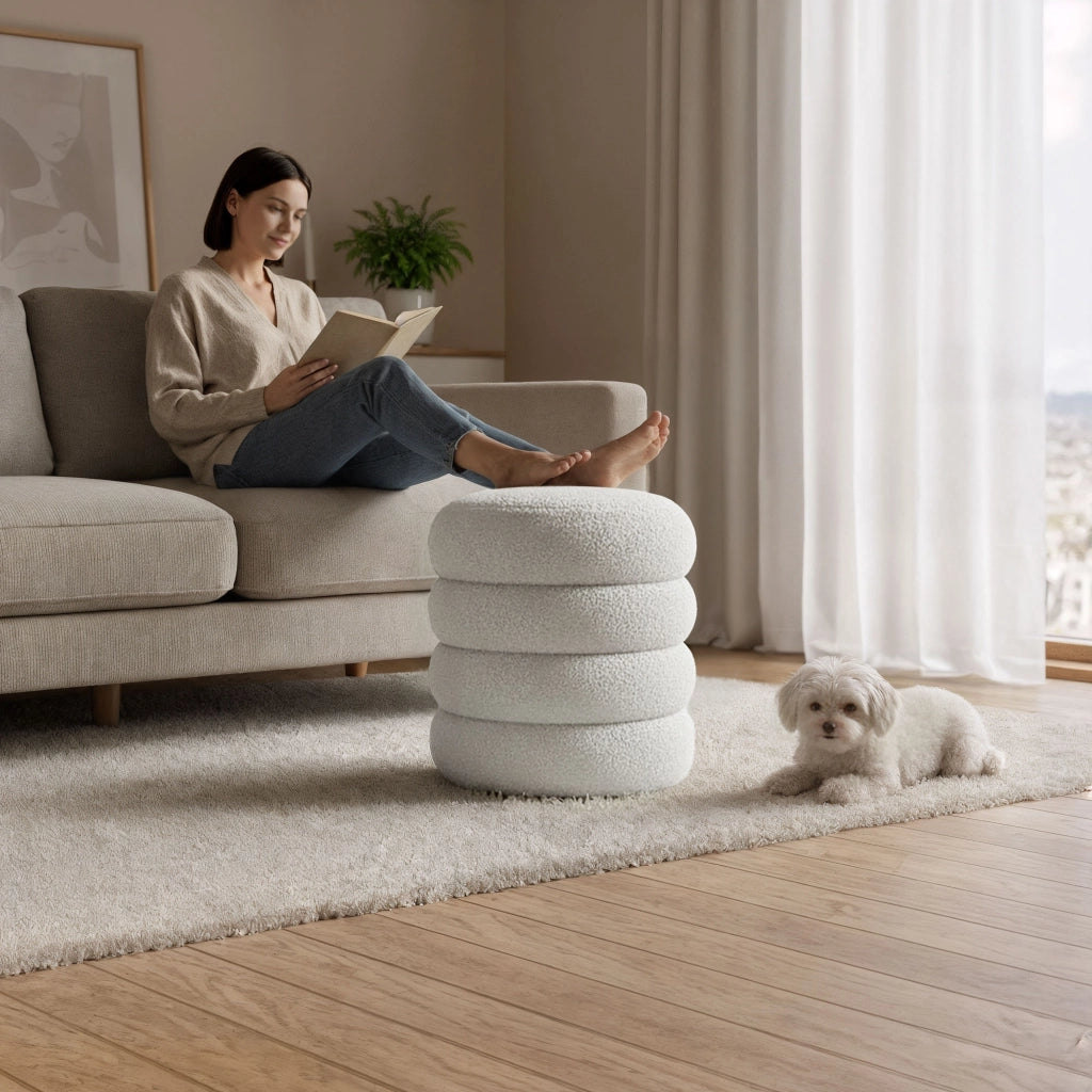 Pouf contenitore cilindrico in tessuto teddy 42 cm SNUGGO Bianco Nebbia