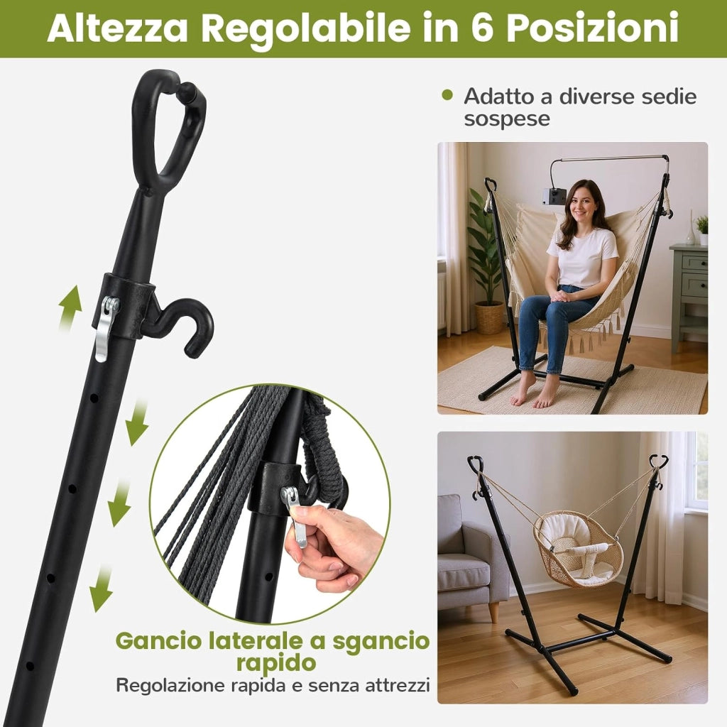 Sedia Amaca Sospesa con Supporto, Sedia Sospesa Regolabile in Altezza 6 Livelli, Supporto Porta Cellulare, Tasca Laterale, Cuscino, Portata 250 kg (Beige)