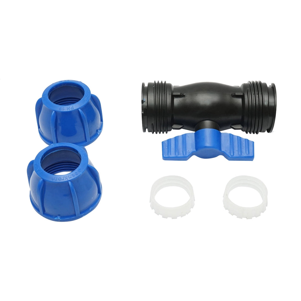 Rubinetto a sfera con giunto di compressione D40x40mm, PN16 per sistemi di irrigazione.