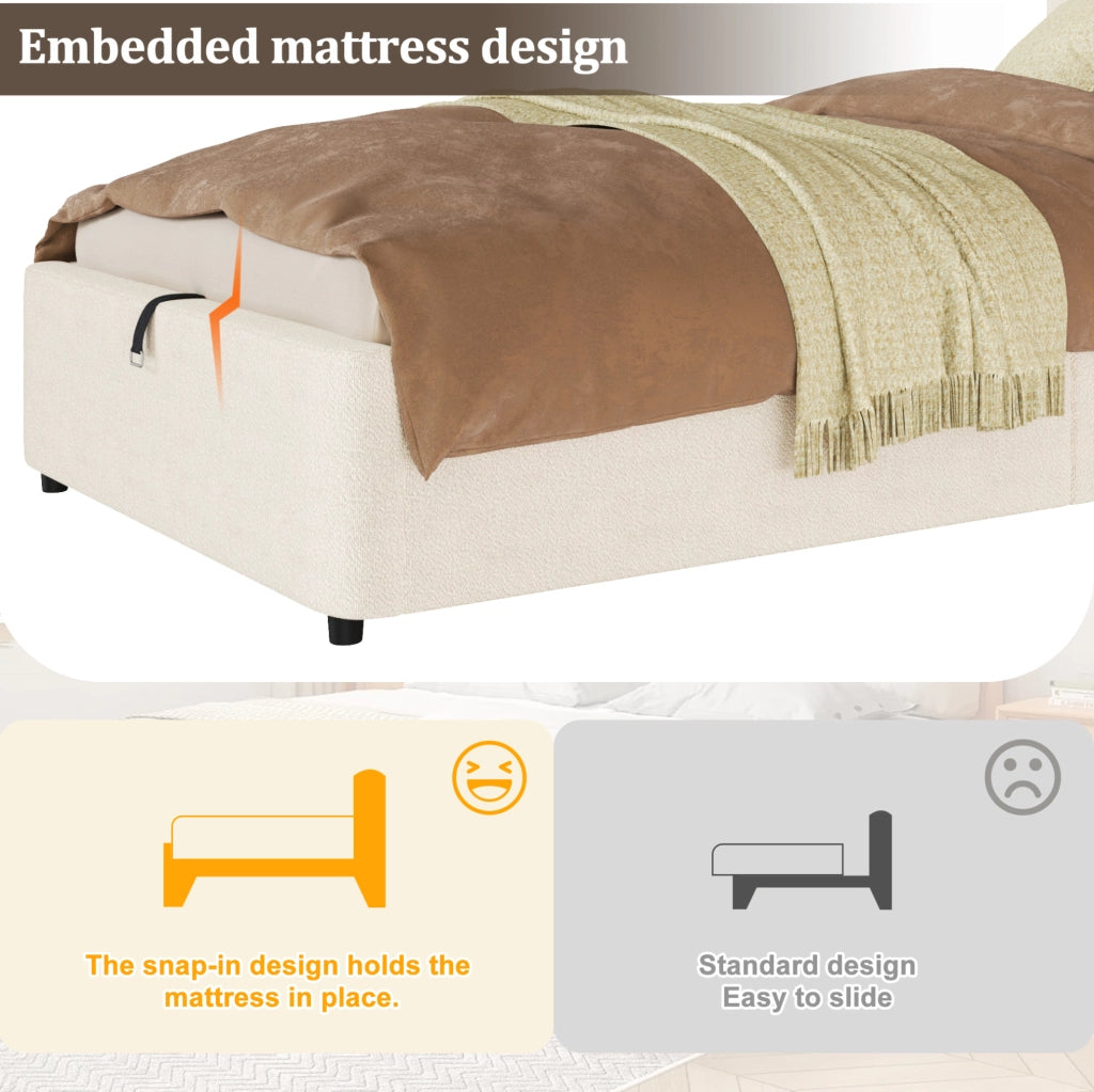 Letto imbottito con contenitore idraulico e rete a doghe inclusa in bouclé beige