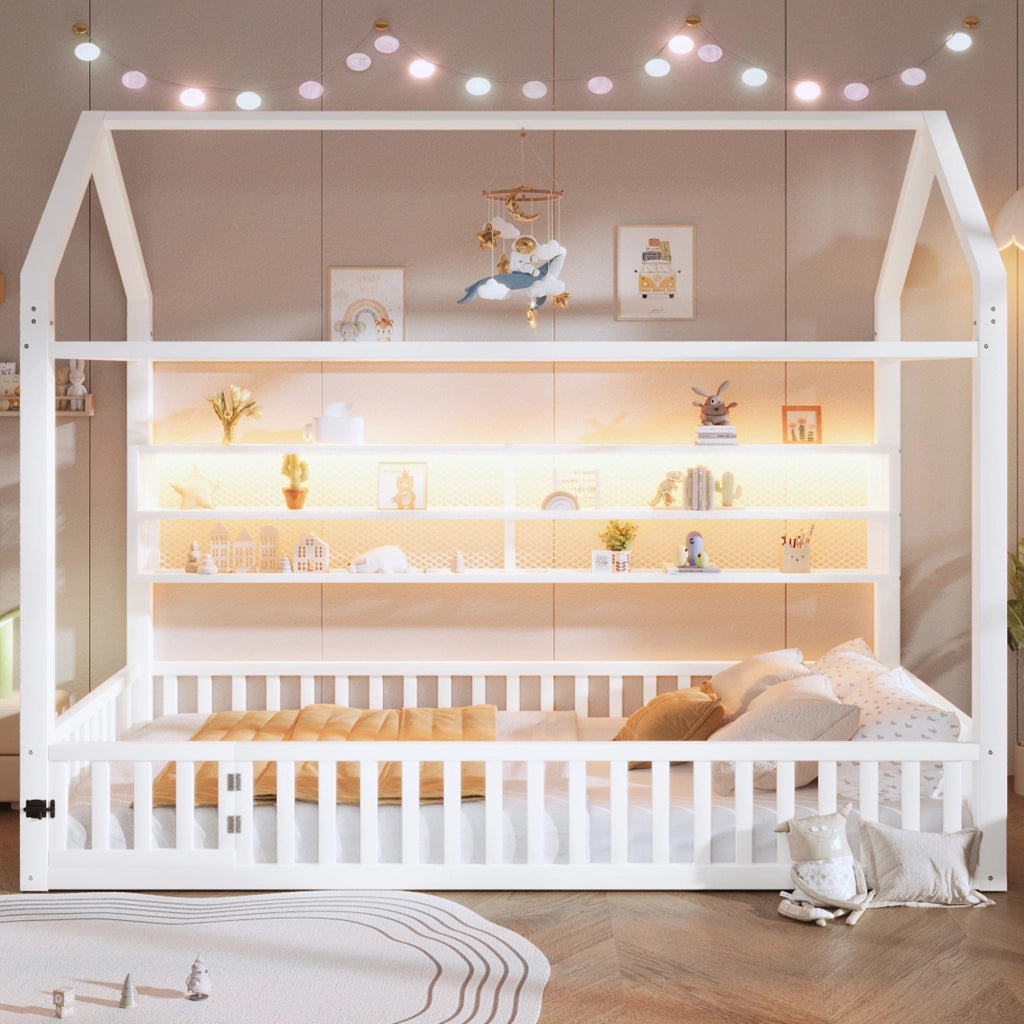 Letto singolo a piattaforma 90x200 cm a forma di casa con barriera e LED bianco