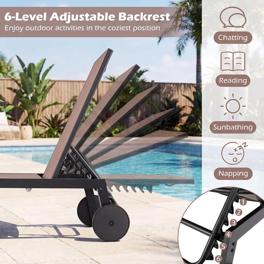 Set di 2 Sdraio da Giardino Reclinabili, Sedia da Abbronzatura Piatta in Metallo Resistente con Schienale 6 Posizioni e Tessuto Traspirante, per Bordo Piscina e Terrazza (Marrone,2)