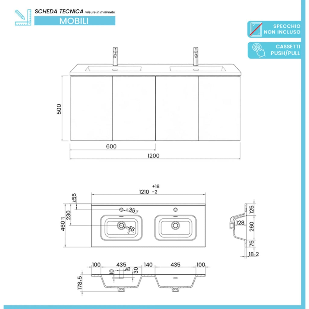 Mobile bagno sospeso 120 cm blu quattro ante e doppia vasca Tierra