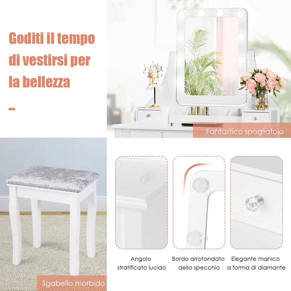 Toeletta Trucco con Specchio Girevole a 360° e 10 Luci LED, Postazione Trucco con Sgabello Imbottito, 5 Cassetti e Organizzatori, Tavolo da Trucco Moderno, 136x80x40cm (Bianco)
