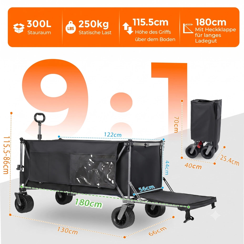 CARRELLO PIEGHEVOLE 180 cm Acciaio Nero/Grigio con sponda posteriore estensibile