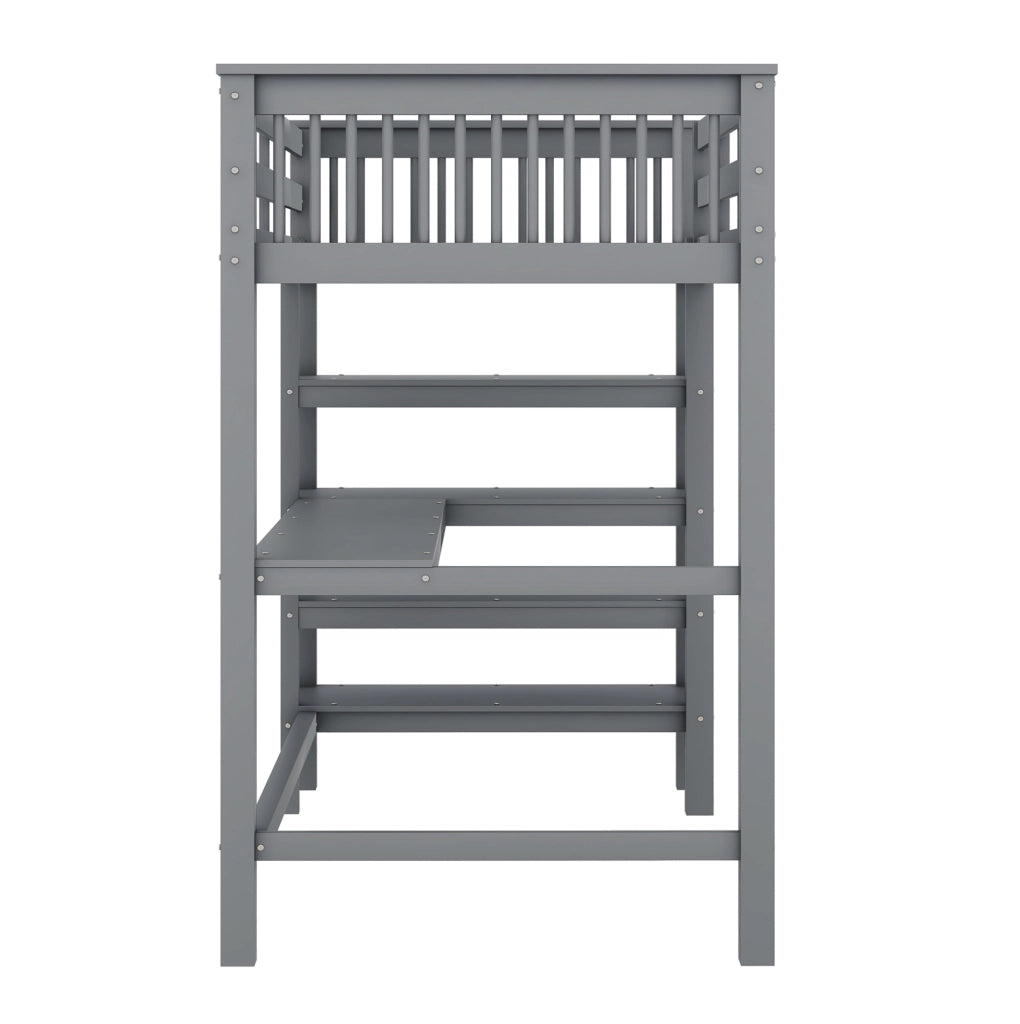 Letto a soppalco per bambini 90x200 cm con scrivania e ripiani, grigio, senza materasso