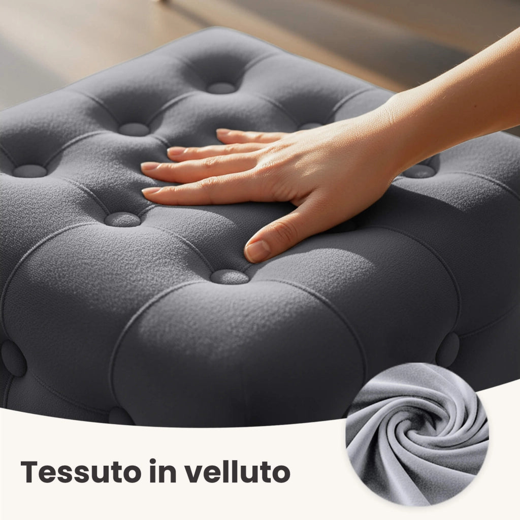Pouf sgabello in velluto trapuntato 40 cm QUADRA Grigio Scuro