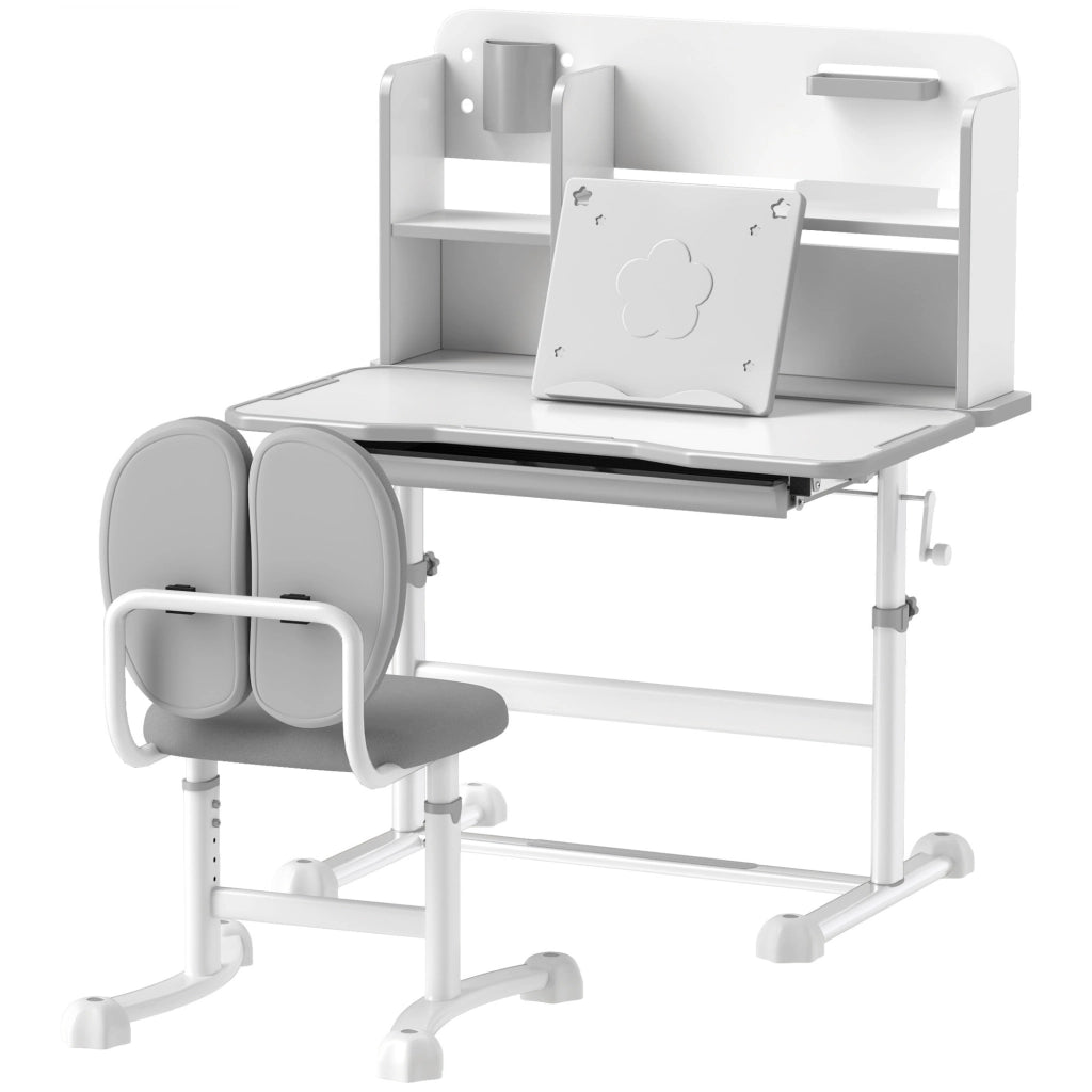 Set Scrivania e Sedia per Bambini Regolabili, Banco Scuola con Piano Inclinabile, Cassetto, Scaffale, Grigio