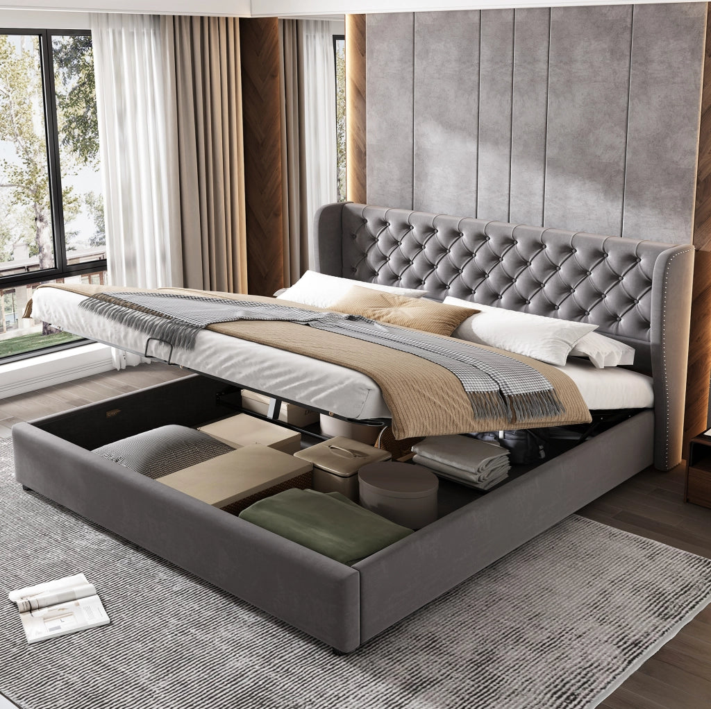 Letto matrimoniale 180x200 in velluto grigio con contenitore