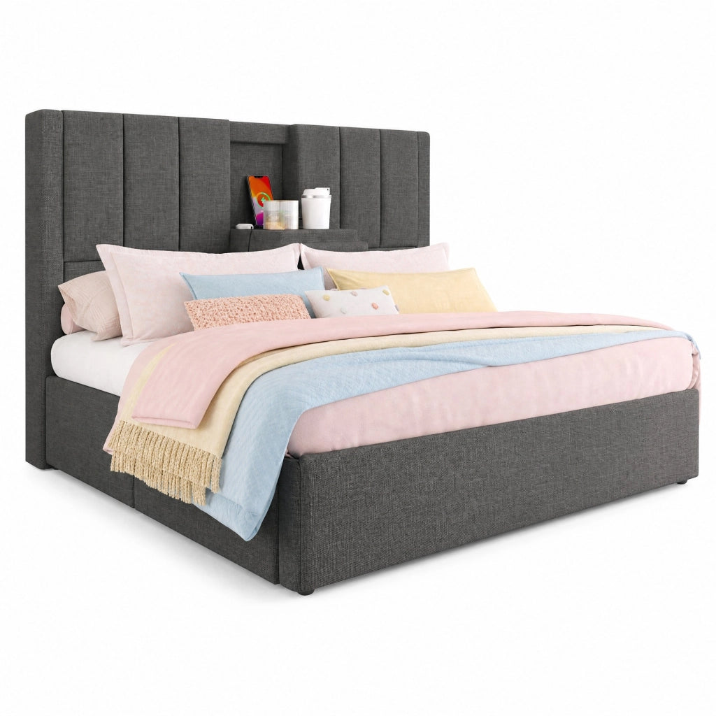Letto imbottito 160x200 cm grigio con contenitore idraulico, USB e portabicchieri