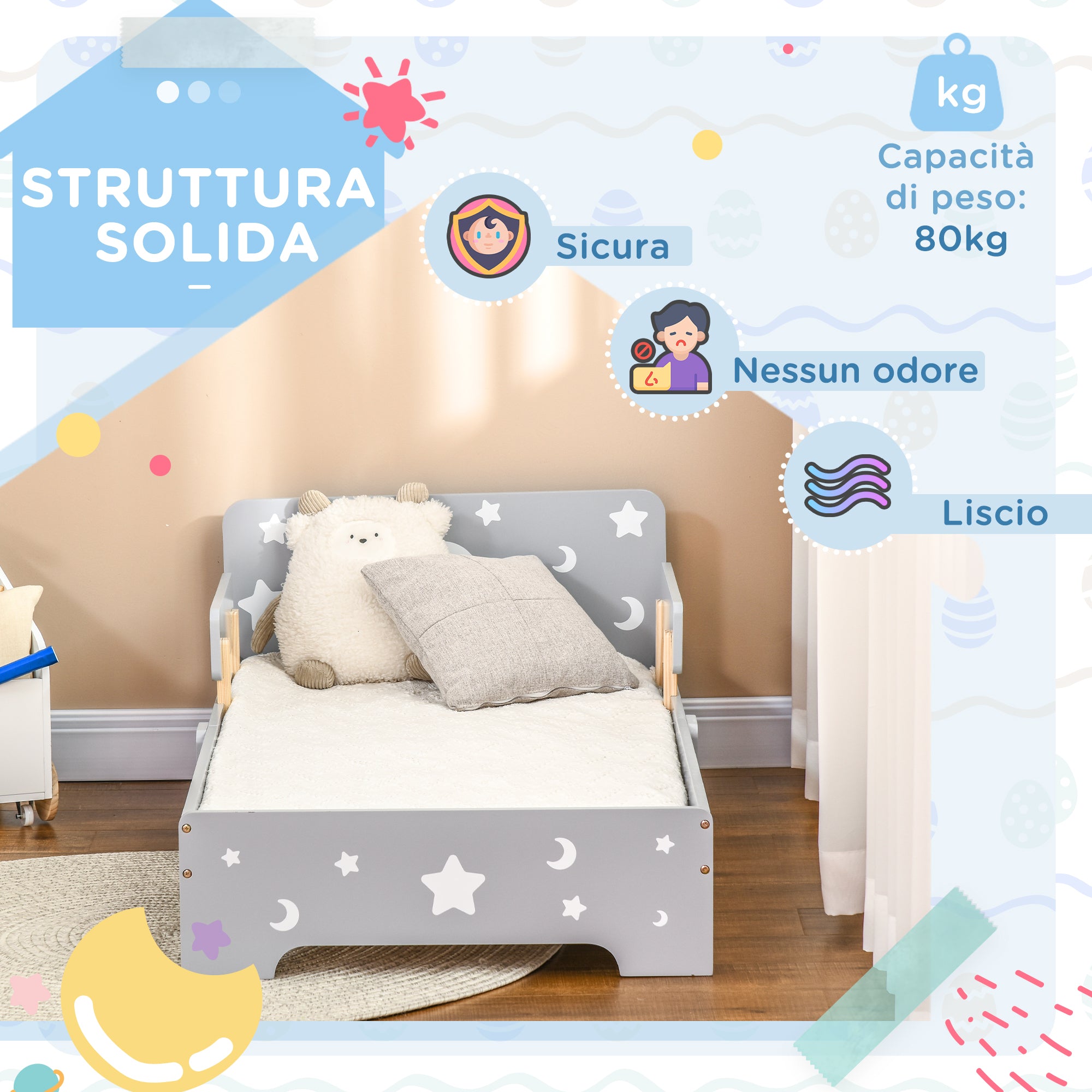 Easycomfort Letto per Bambini 3-6 Anni con Motivi a Stelle e Luna in Pannelli di MDF e Truciolato, 143x76x49 cm