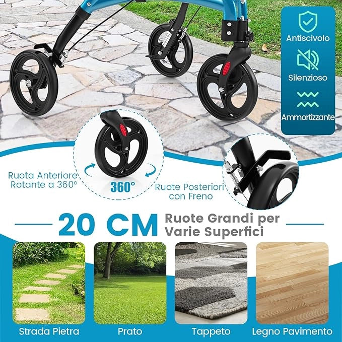 Deambulatore per Anziani in Alluminio Ultraleggero a 3 Ruote, Rollator per Anziani Pieghevole e Regolabile in 6 Livelli 86-96 cm con Borsa e Ruote Bloccabili, Portata 136 kg (Blu)