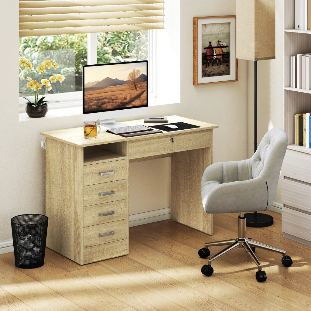 Scrivania moderna con 5 cassetti, piano grande, ripiano aperto, cassetto con serratura ¨C zephmum ¨C quercia 110x50x76cm