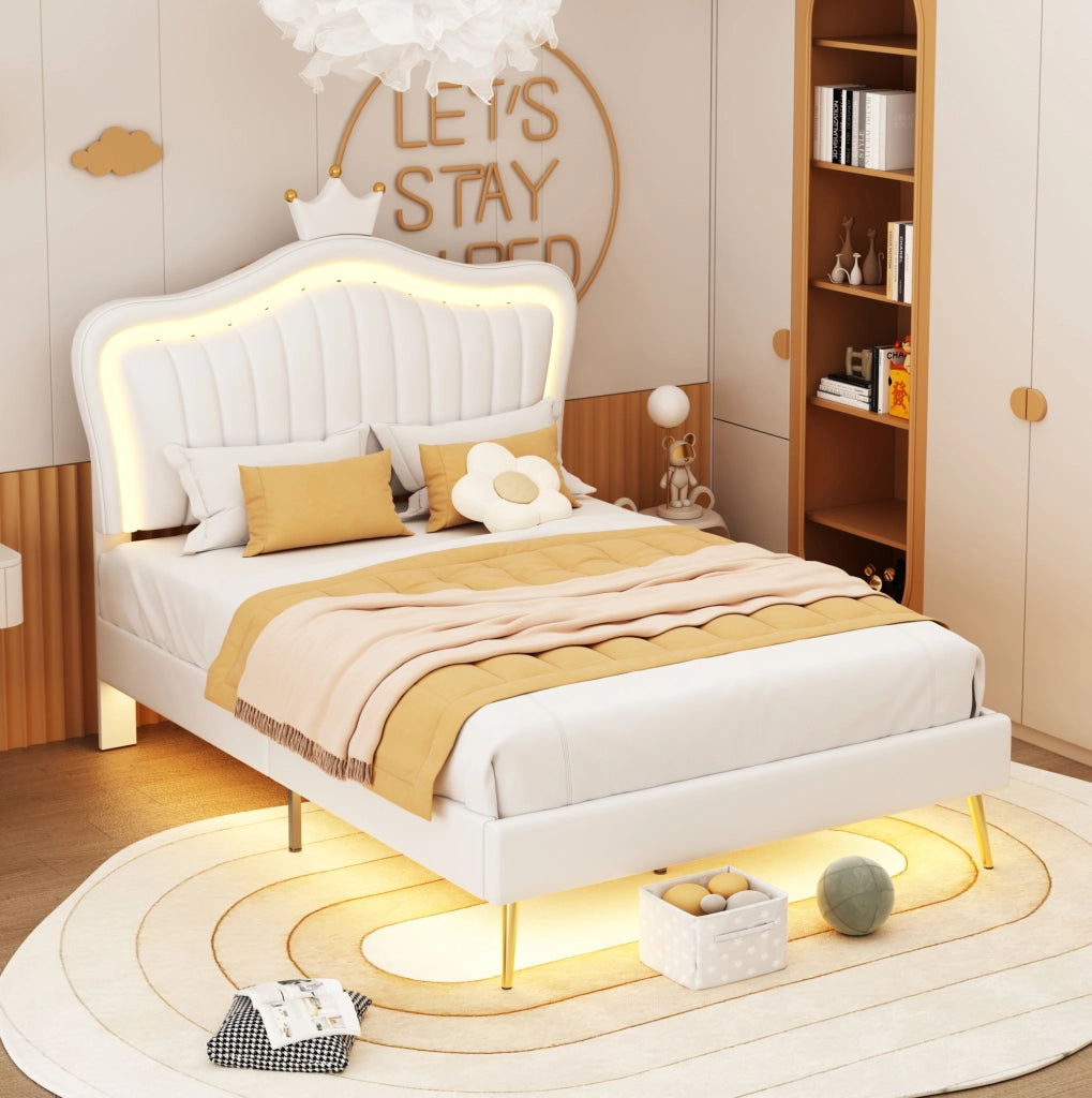 Letto imbottito 90x200 cm; 140x200 cm; testiera a conchiglia con LED; MDF ecopelle e metallo; bianco (Senza materasso)