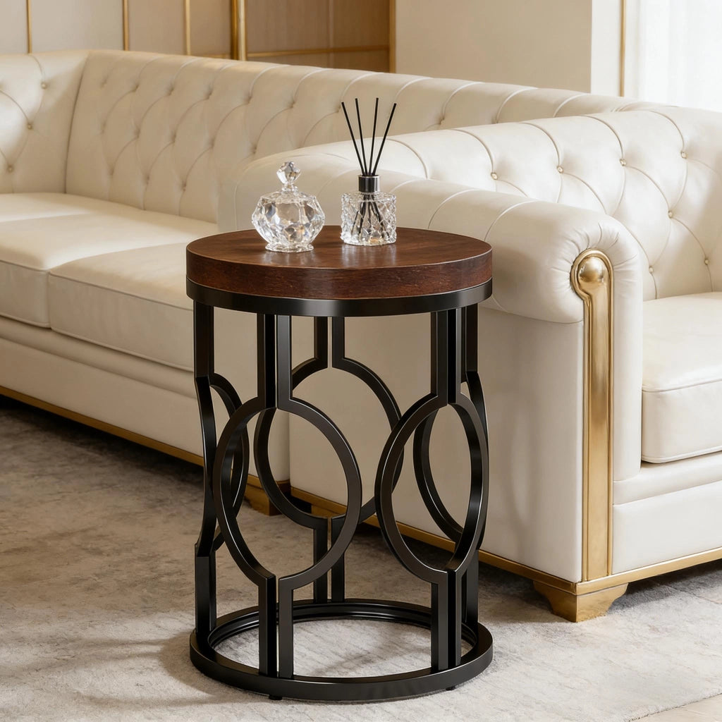 Tavolino basso rotondo stile industriale in MDF e metallo nero marrone rustico per soggiorno e camera da letto Ø45 × 50 cm