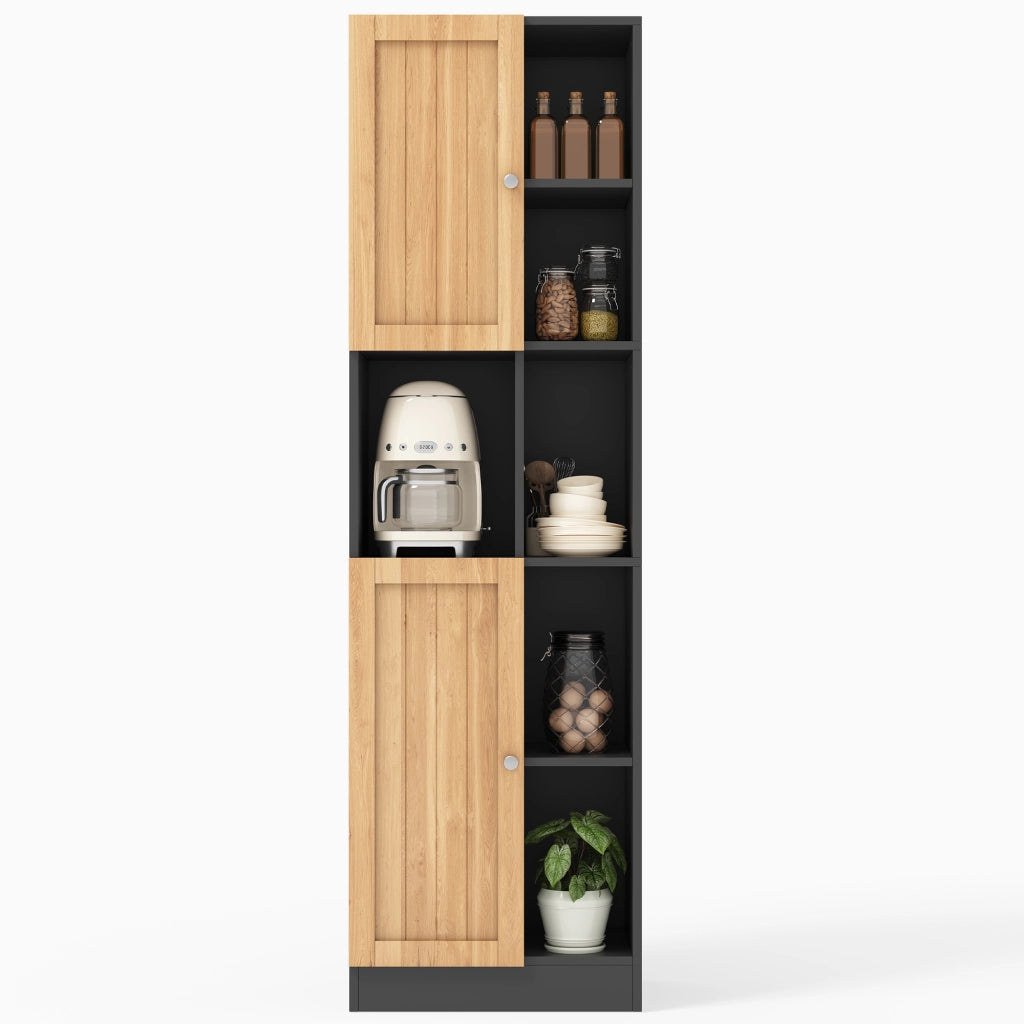 Armadio angolare alto da cucina con 6 ripiani aperti, 2 ante e ripiani regolabili 50x35,5x170 cm nero/naturale