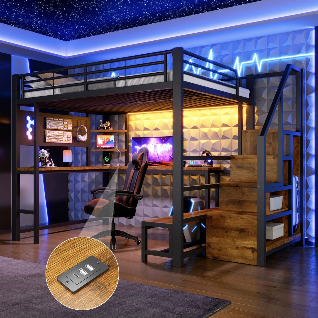 Letto a soppalco in metallo 140x200 cm, letto alto matrimoniale con scrivania, pannello forato, scala contenitore, prese USB/USB-C, ripiani e illuminazione LED, nero