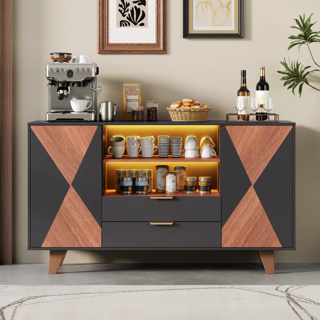 Credenza multifunzione con LED RGB, 2 cassetti, ripiani regolabili e vani aperti, 150 × 40 × 90 cm