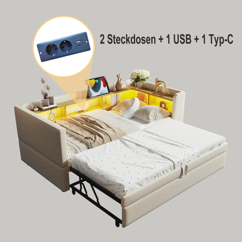 Letto divano estraibile in flanella beige 90/180x190 cm