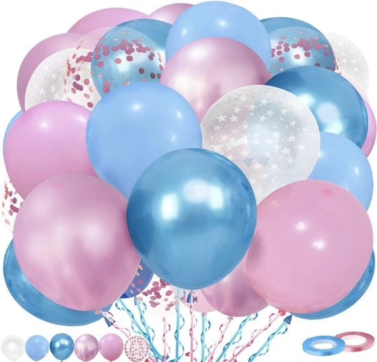 Set di 60 palloni per rivelazione del sesso blu e rosa 12 pollici con confetti e nastri per feste di compleanno, baby shower e matrimoni