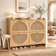 Scarpiera moderna 120¡Á24¡Á90 cm con 4 ante a ribalta, 8 scomparti, 2 ganci, struttura in MDF e ante in stile rattan, colore naturale