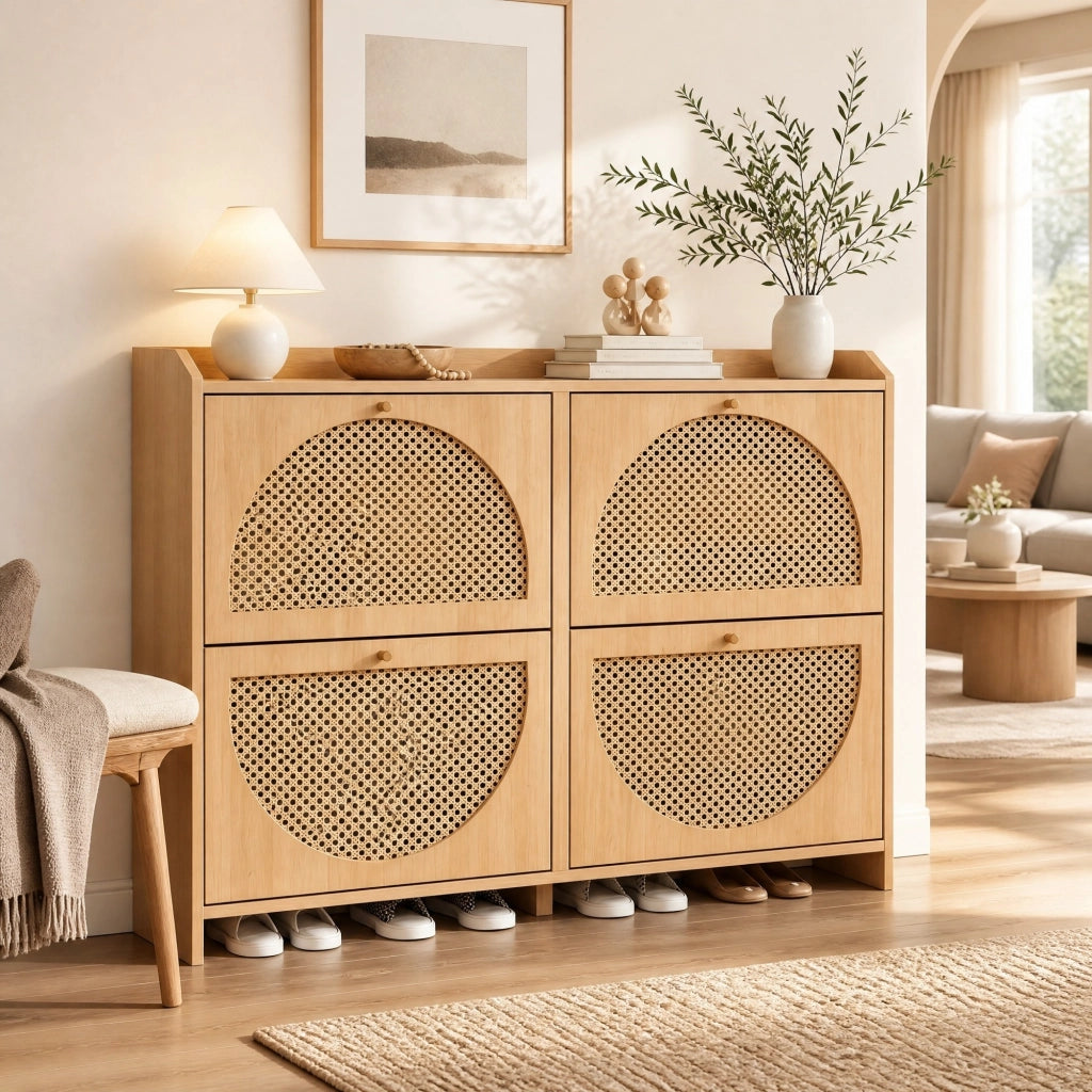 Scarpiera moderna 120¡Á24¡Á90 cm con 4 ante a ribalta, 8 scomparti, 2 ganci, struttura in MDF e ante in stile rattan, colore naturale
