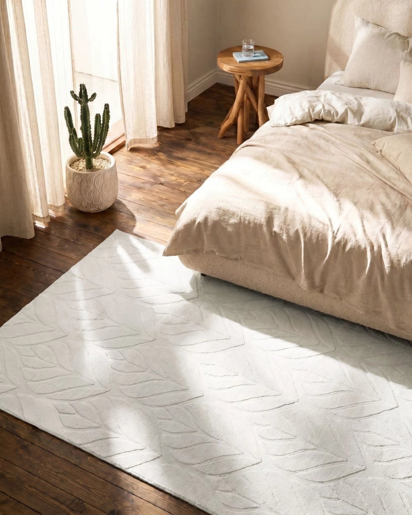 Tappeto in pelliccia sintetica di coniglio, bianco sporco, in poliestere, 160 x 230 cm, morbido e a pelo lungo, motivo a foglie