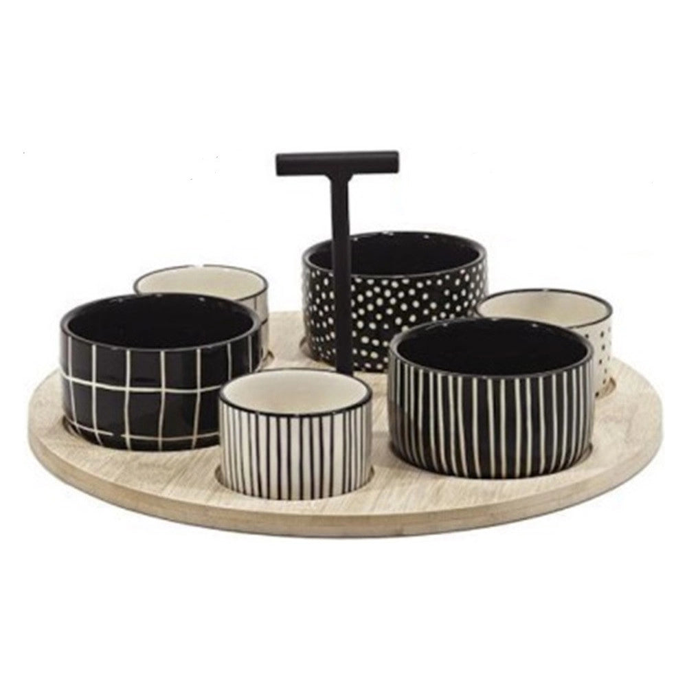 Trade Shop - Set Antipastiera Con 6 Ciotoline Su Vassoio Base In Bamboo ⌀29cm Per Antipasti Snack -
